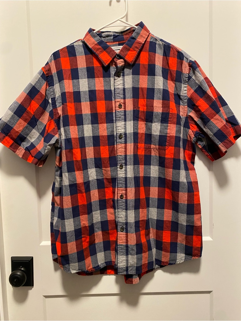 Old Navy Boys XL Short-Sleeve Plaid Button-Down Shirt - Red, Navy & White